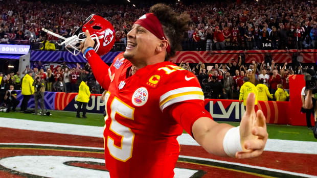 Kansas Cit5y Chiefs quarterback Patrick Mahomes celebrates after winning Super bowl LVIII